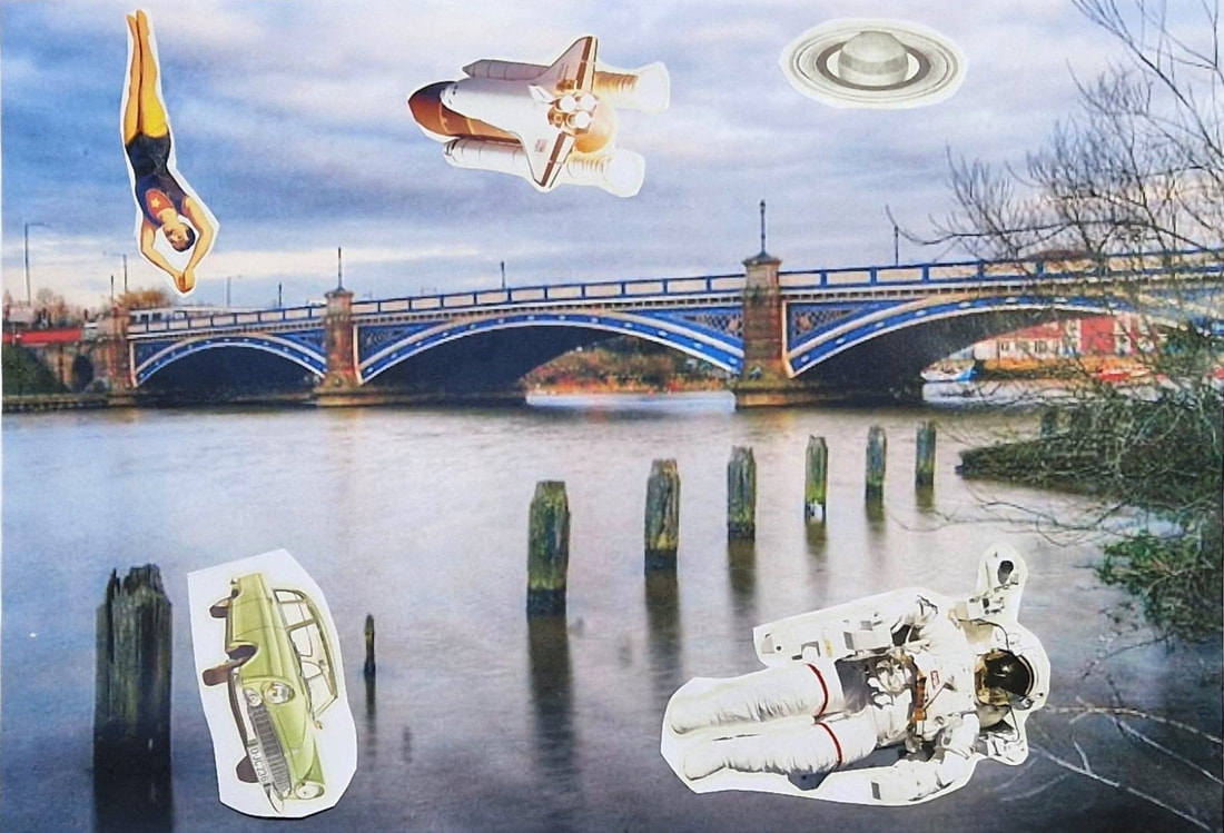 The original image is of the Victoria Bridge in Stockton, a metal bridge painted in blue and cream. There is a very wide shot of the River Tees. The artist has added the following collage elements. Top left is an image of a Victorian circus diver in his swimming costume who appears to be diving into the river. Top middle is a space shuttle heading away from us and in the further distance is a black and white image of the planet Saturn. In the foreground of the image is an astronaut in full space suit lying on the water. And to the left is a vintage green car from the 1950s lying on its side in the water. 