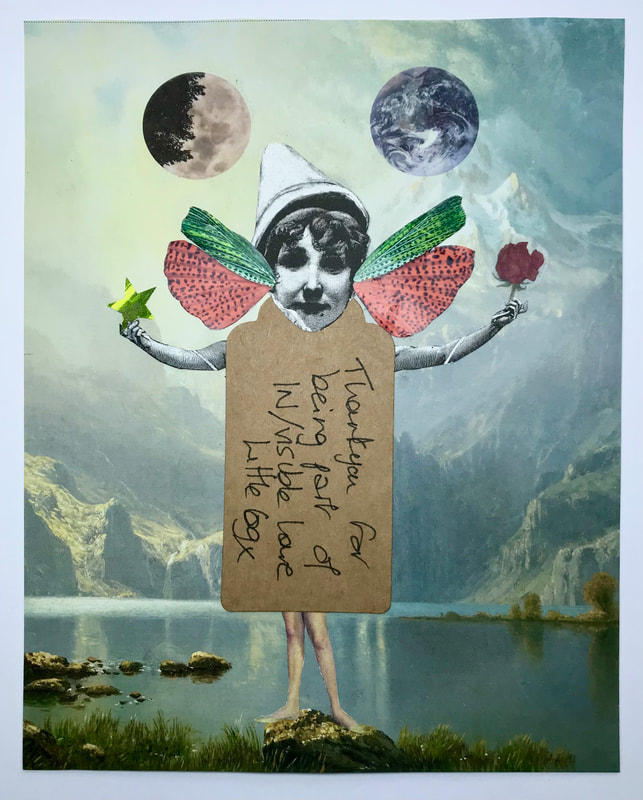 ID a woman whose body is made up of collaged items stands on a rock on the shores of a lake, with a towering mountain in the distance. Above her head are two disks- on the left is a moon partially obscured by disembodied trees, to the right is the planet earth. On either side of her head are two wings. In her left hand she holds a star, in the right, a rose. Her body is a label with a hand written message ‘thank you for being part of IN/visible with love Little Cog x’. The woman’s legs are bare and she stands on the rock in flat shoes. The image is digital altered to have sepia tones, which have a bluer tint at the top right, with cooler tones towards the bottom of the image.