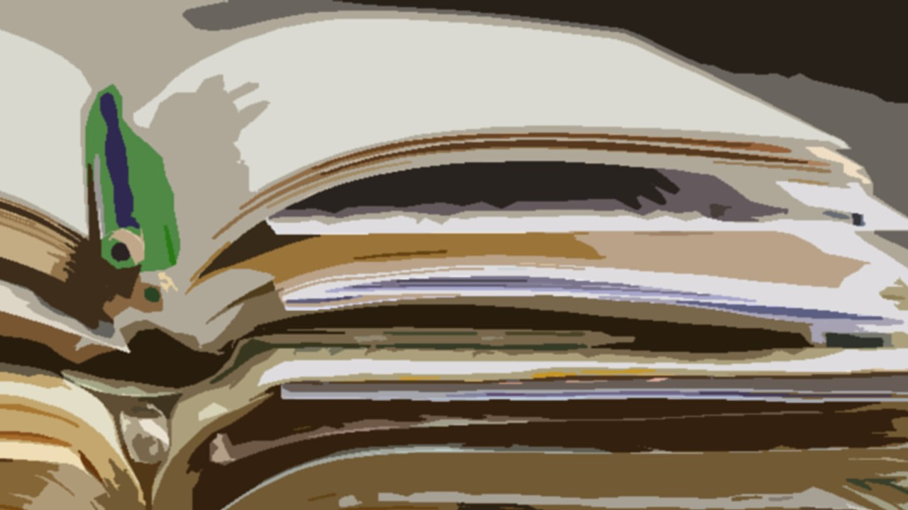 a graphic stylised image of a pile of open notebooks with a pencil resting on top.