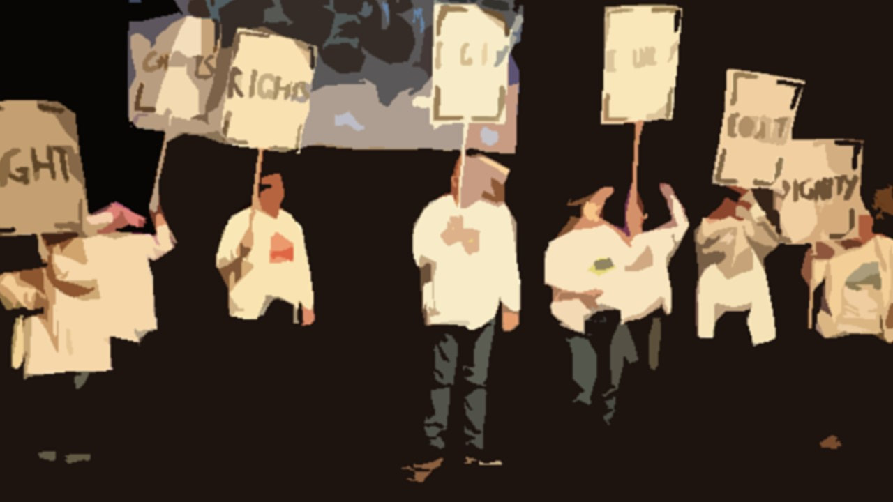 A graphic stylised image of a group of disabled people protesting with placards. Some single words can be made out such as rights, dignity, equality