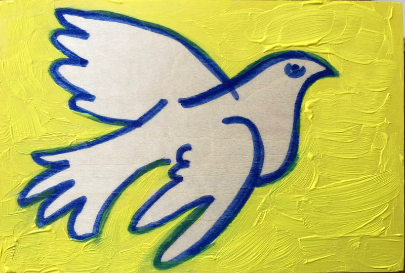A white dove of peace with a heavy blue outline on a yellow background - yellow and blue are the colours of the Ukrainian flag. JulieMc McNamara