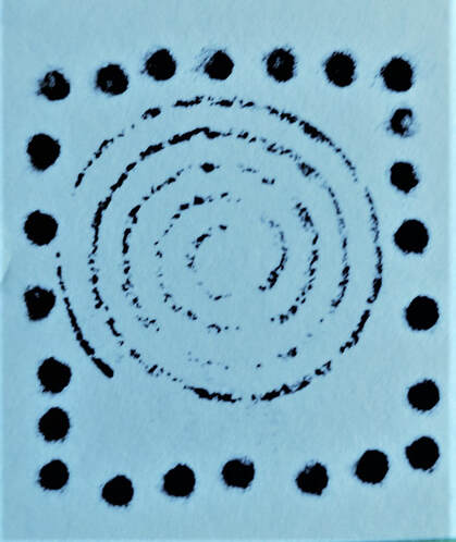 Black ink on a blue digitally enhanced background. Black ink dots create a border around a central spiral, the lines of which are characterfully broken and slightly fragmented. By Vici Wreford-Sinnott.