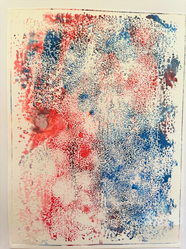 A4 abstract ink print in blues and red, the pattern created is thousands of tiny dots with intermittent larger patches of colour.
