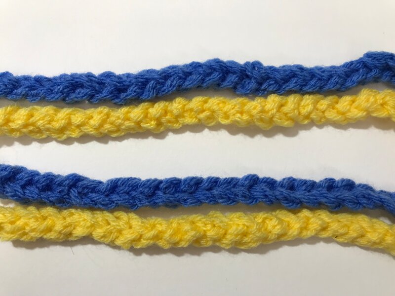 Finger knitting - two double stripes of blue and yellow. Caroline Cardus.