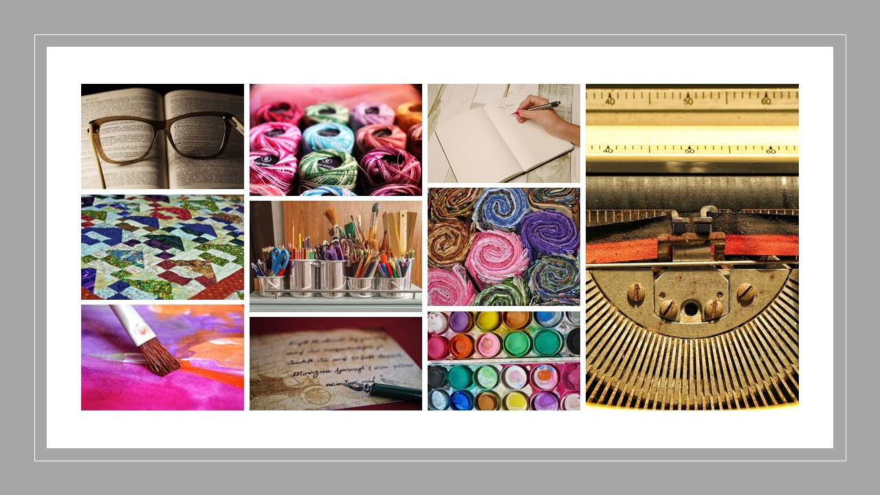 Image description – a montage of craft images. Spectacles are placed on an open book, a collection of colourful yarns, a woman’s hand writing in a notebook, a close up of an old fashioned typewriter, a colourful patchwork quilt, a lot of containers with scissors, paintbrushes, coloured pens and pencils and rulers, some rolled up fabric, a close up on a paintbrush being used to paint a picture, a fountain pen placed over some handwriting, and a collection of paints.
