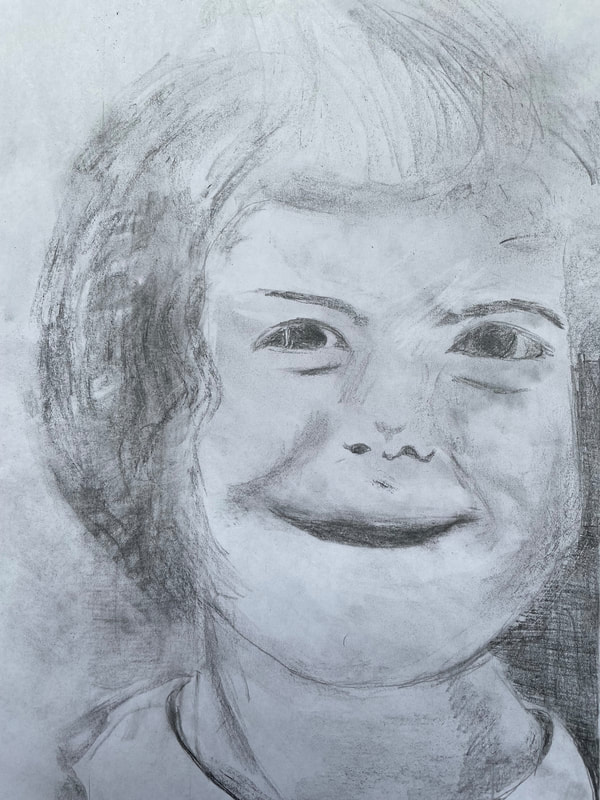 Pencil portrait of a smiling child. Upside down drawing by Samantha in memoriam of her late neighbour.  The photograph is taken from the 1950s era. 