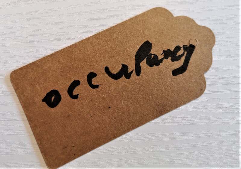 Image Description - Brown parcel label with handwritten text, 'occupancy'. Pauline Heath.
