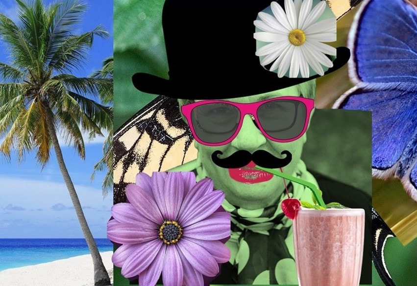 A wacky colourful collage portrait of a white woman with a pale green face. Bowler hat, flowers, cocktail, butterfly wing, plam tree and sea. 