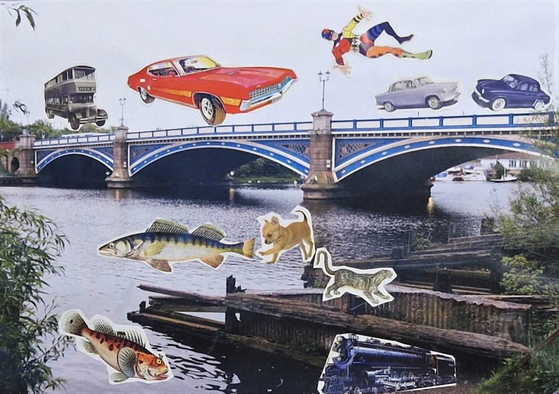 The original image is of the Victoria Bridge in Stockton, a metal bridge painted in blue and cream. There is a very wide shot of the River Tees. The artist has added the following collage details to the lower part of the image. A large exotic green tree has been added to the riverbank. There are two large fish in the river – one is a huge goldfish and the other is a grey and orange striped diamond shaped fish. A zebra is on the wooden jetty looking at another goldfish, whilst a larger fish is on the jetty above them. A green parrot flies away. 
