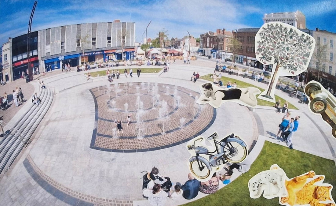The original image is a semi panoramic shot of the fountains and seating area in Stockton Town Centre. A curved border of shops line the area and lots of people are seated. The artist has added the following details to the collage. A vintage image of a man in a black swimming suit shows him swimming towards the fountains. Behind him is a large fruit tree. A vintage sports racing car enters the picture at the right hand border. On a patch of grass in the bottom right of the collage a dalmatian inspects the grass while a huge ginger cat rolls around having fun. A vintage motorised pedal bike has been placed where some of the people are sitting. 