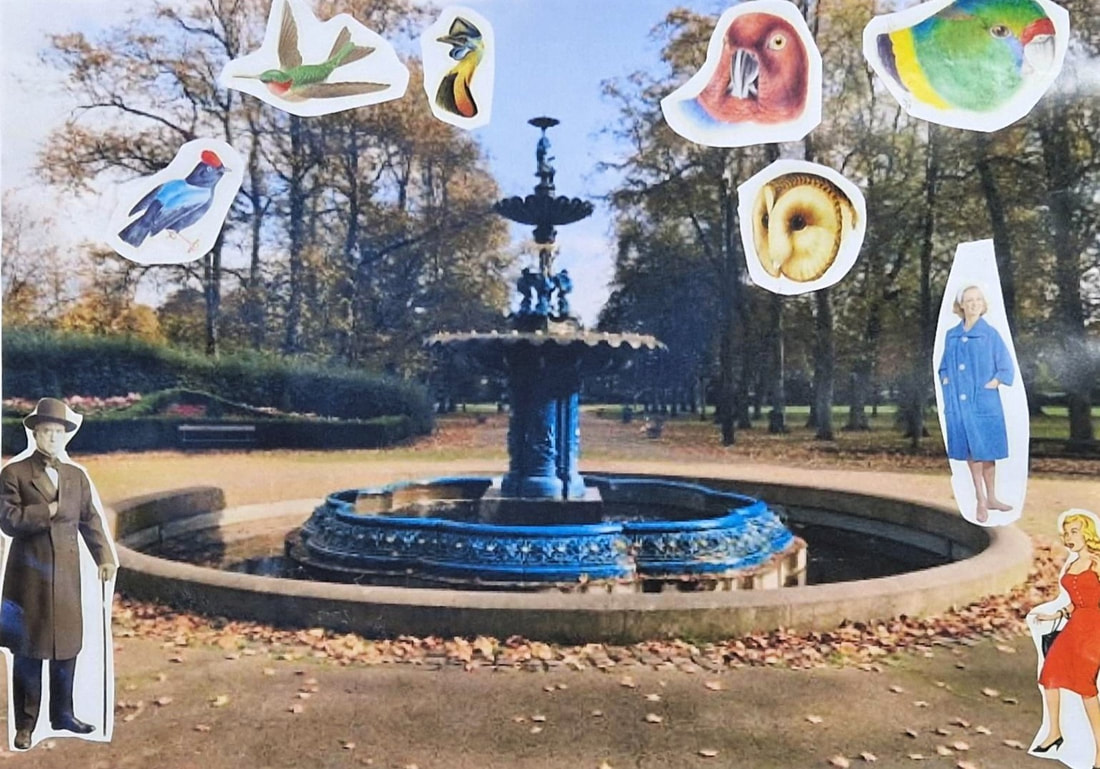 The original image is of a large blue circular water fountain in Ropner park, Stockton On Tees. In the back ground is an autumnal woodland area. The artist has added the following collage details. In the bottom left firground is a serious looking Edwardian gentleman in a Hat, long coat, with one hand inside it. He is wearing a bow tie and carrying a walking cane. To the right of the image are two women, one is in a 1950s red dress and she looks surprised. Another woman is standing in her blue fluffy dressing gown. Into the trees, at the top right, the artist has placed three large heads of birds – a green parakeet, a red parrot and a tawny owl. At the top left they have placed three exotic colourful birds, birds one of which is in flight.