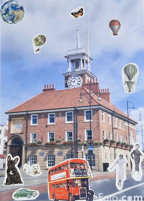 The original image is of Stockton Town Hall which is a Square red brick building, with a sandstone base and a clock tower and thin white steeple on the roof. It’s ten to one in the image. The artist has added ion the following to their collage. The vast blue sky is filled with a giant butterfly, three hot air balloons and planet earth is high in the sky. On the road stand two women in 1950s dress as a vintage red double decker bus approaches. There is also a vintage green jaguar car behind the bus. A playful white Yorkshire terrier is jumping in the square and a large black dog os seated with his head tilted to one side. 