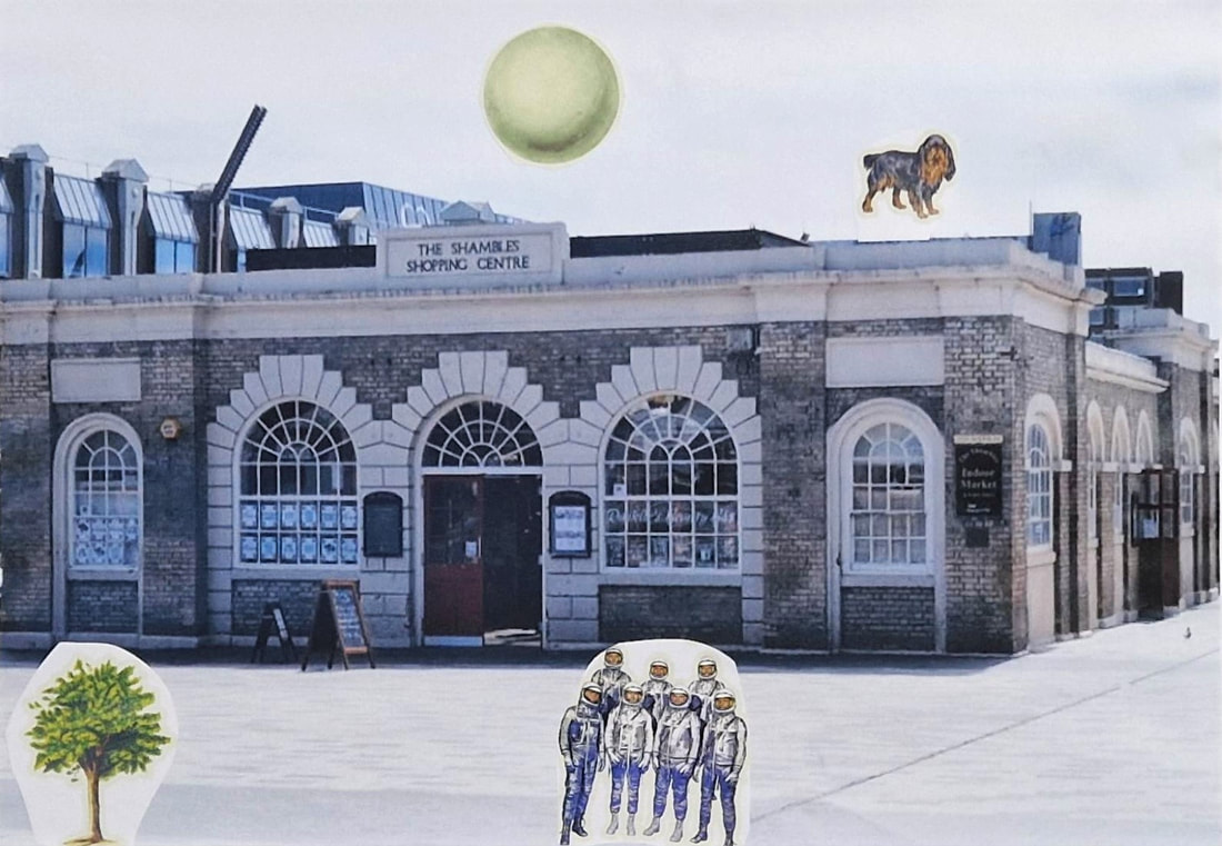 The original image is of The Shambles on Stockton High Street which is a single story Georgian building with many large arched windows and features. The double door entrance is also an archway.  The artist has added the following images into their collage. A large white planet is in the sky whilst a large back and brown spaniel stands on the roof of the Shambles. In the paved area in front of the Shambles is a small green tree to the right of which is a group of six astronauts in blue and silver spacesuits and helmets. 