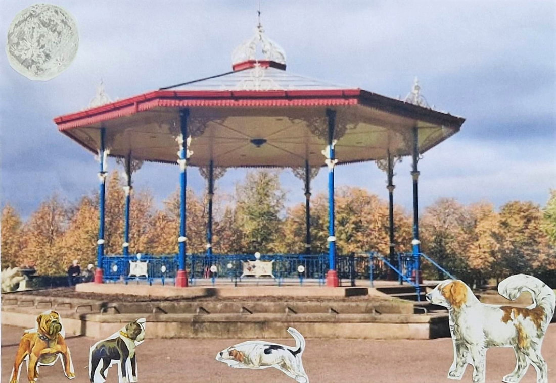 The original image is of the blue and red bandstand at Ropner park is raised slightly with three or four steps to get up to it. There is lots of greenery behind and a large blue sky. The artist has added the following collage elements. There is a large planet in the blue sky, covered in craters and lakes. At the foot of the bandstand in the foreground are several dogs – two boxers dogs – one is standing proudly looking a bit grumpy and the other is looking at a friendly old spaniel who is jumping. There is a collie dog watching on from the right of the picture. 