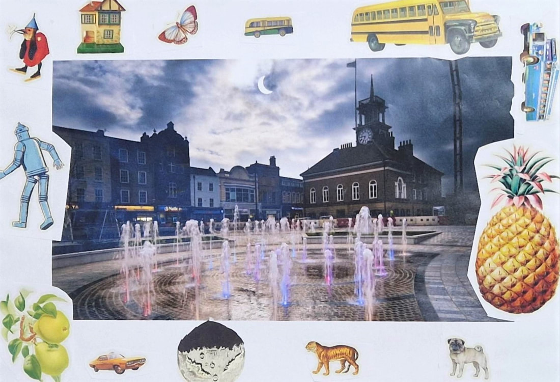 The original image is of the fountains in Stockton Town Centre – they are lit up in blue and pink. It is evening time and a crescent moon is in the sky creating silhouettes if the town hall and it’s clock tower and a row of shops on the high street. The artist has decided to line the border of the image with collage details and not put any directly onto the original image, although there are a couple of overlaps. A giant pineapple dominates the right of the image and echoes the curve of the fountain flagstones. Following the border around there is a bulldog, a tiger, a large planet, a yellow New York taxi, a couple of pears on a branch overlap in the bottom left corner. There is then an illustration of a tin robot, a strange birdlike creature with a funnel on it’s head, a dolls house, a red and blue butterly, a small vintage American bus and a large vintage American bus. A greyhound bus full of people brings us back to the pineapple. 