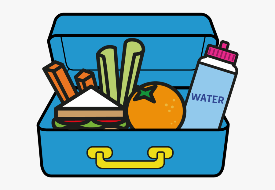 An illustration of a blue lunch box with a yellow handle. The lunch box is open revealing a sandwich, 2 carrot sticks, 2 stalks of celery, an orange and a bottle of water.