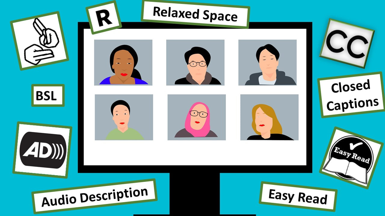 A graphic design image of a computer screen with six people from a variety of cultural backgrounds including Black, Asian, Muslim, and white people. The computer screen is surrounded by a number of floating accessibility icons including those for relaxed spaces, British Sign Language, audio description and Easy Read.