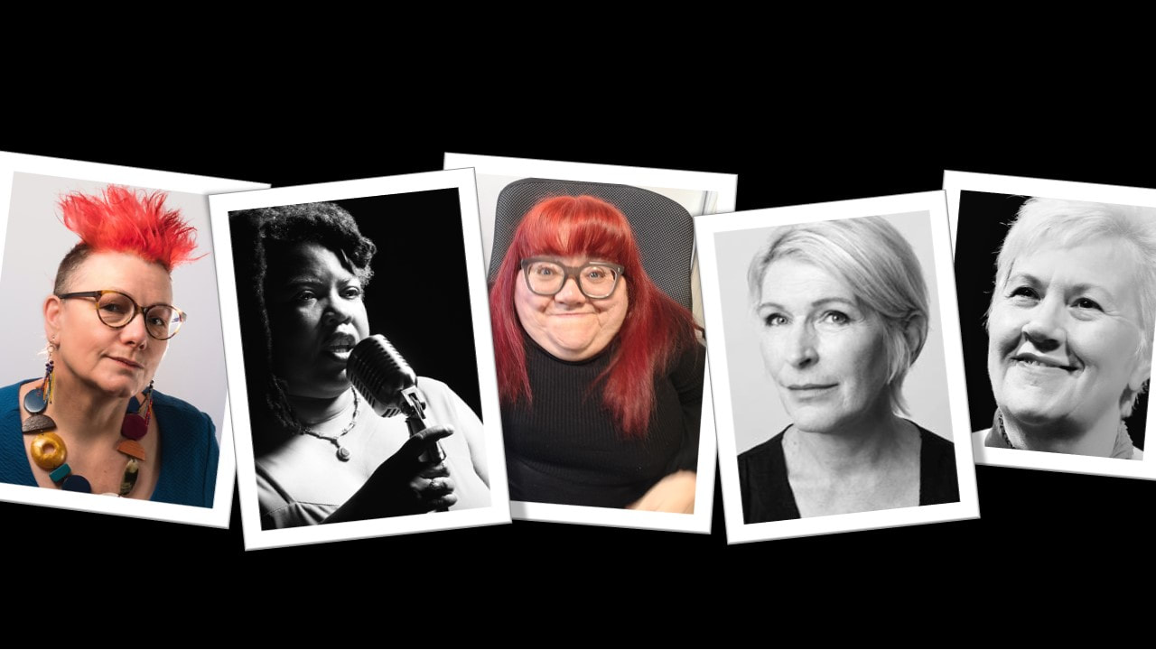 Five portrait photographs of disabled women over 50 who performed in the radio drama The Unsung, Cheryl Martin, Caroline Parker MBE, Jackie Phillips, Mandy Colleran and Vici Wreford-Sinnott