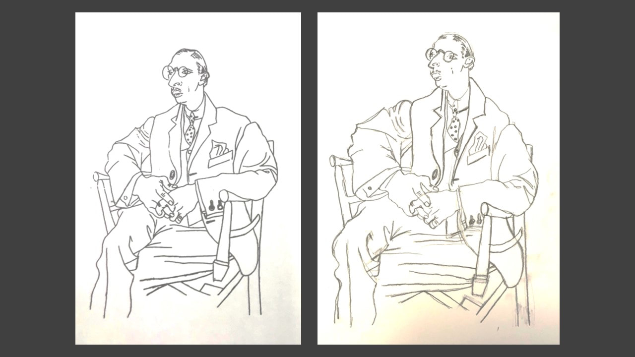 Two similar line drawings. The one on the left is by Picasso and the one on the right is by Caroline. The line drawing is of an older man with slicked down hair, wearing a large baggy three piece suit and tie with a pocket handkerchief sticking out of his top pocket. He is seated in a wooden framed chair and is sitting with legs crossed and his large hands are linked together in front of him as his arms rest on the chair. 