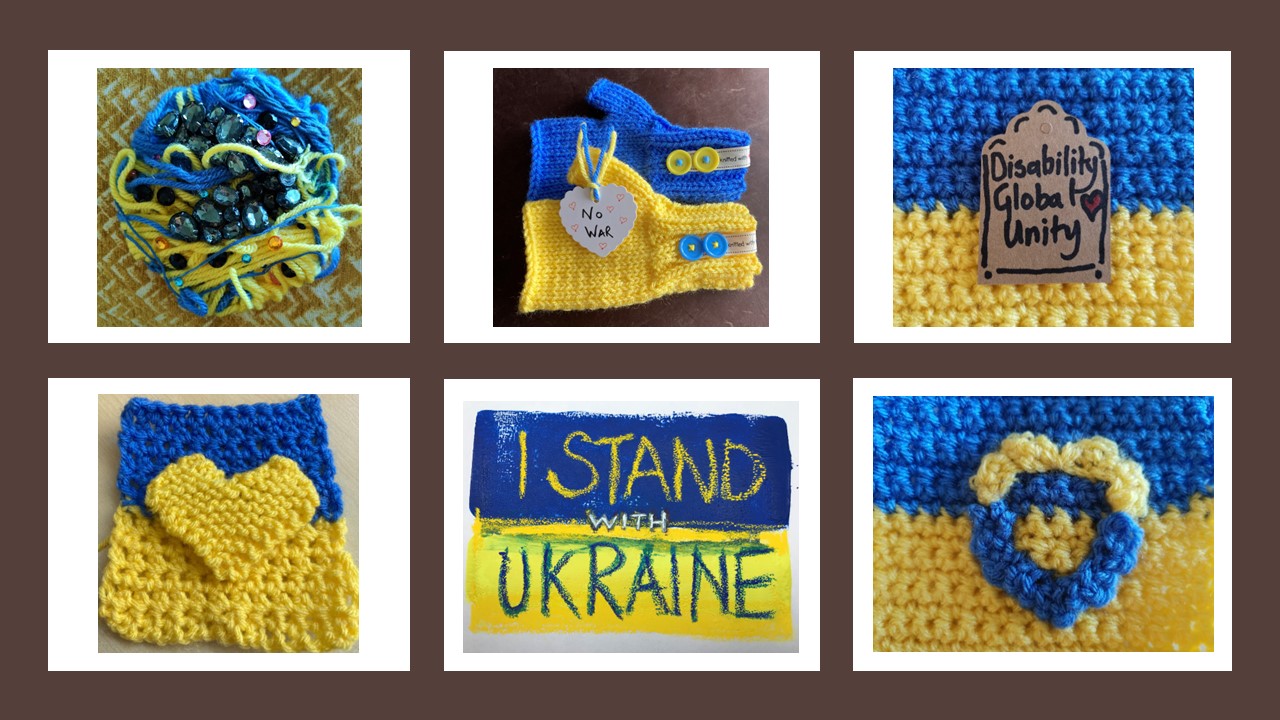 6 panels from the quilt. 1. Wrapped blue and yellow yarn into a circle ad decorated with jewels by Pauline Heath. 2. Knitted yellow and blue fingerless mittens with the label 'no war' by Lynne McFarlane. 3. A crochet Ukrainian flag with a brown parcel label stating Disability Global Unity by Vici Wreford-Sinnott. 4. A crochet Ukrainian flag with a knitted yellow heart by Caroline Miles. 5. 'I stand with Ukraine' mixed media piece on the Ukrainian blue and yellow flag by Caroline Cardus. 5. A crochet Ukrainian flag with a crochet blue and yellow heart by Vici Wreford-Sinnott.
