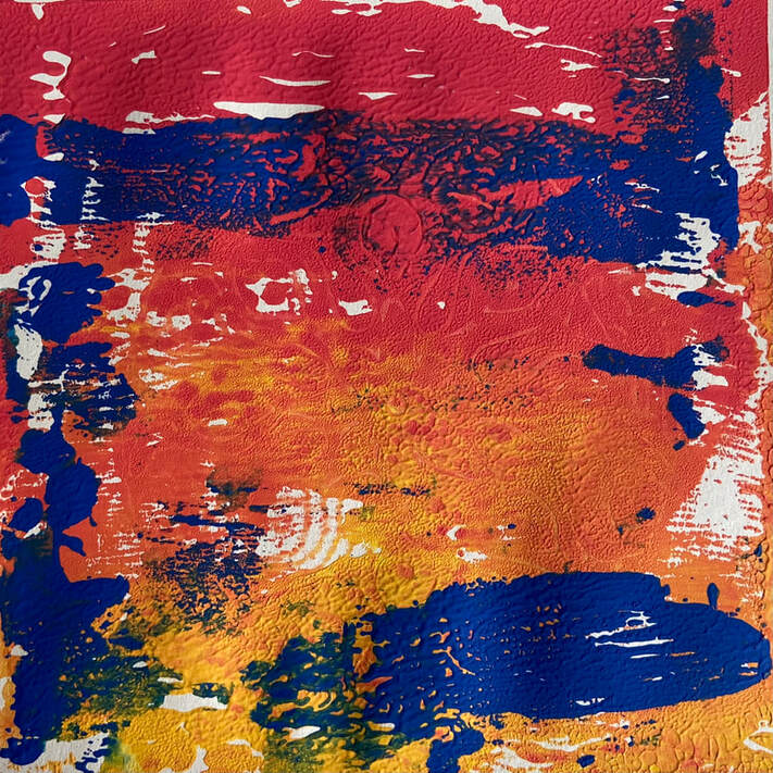 A fiery image of blending yellows, reds and orange, mixed with dark blue adding depth. There is texture from the ink roller and paper contact, and also from a series of curved marks applied by the artist. 