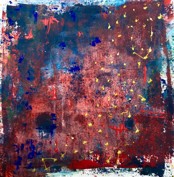 Strong dar red and blue merge to create a muted plum shade which gives the image depth, a misty street scene, or an alleyway, the viewer can interpret subjectively. Specks of gold create a shower of stars, or glowing fireflies...again up to the viewer.