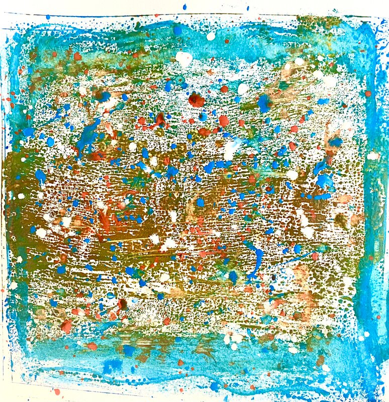 Print created on white card. Base inks are in turquoise and olive creating a textured background onto which are many drops of umber, white and blue creating a speckled image.  The image draws the viewer in to try to see shape and find imaginatively a narrative.