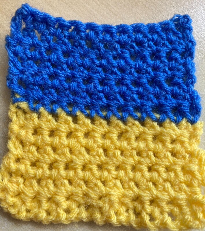 Crocheted Ukrainian flag. Caroline Miles. 