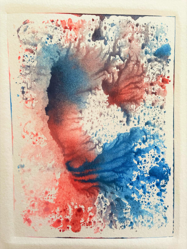 A4 ink print - blues and reds have merged and to the left of  the image an illusion of a cavern, cave or black hole has been created.
