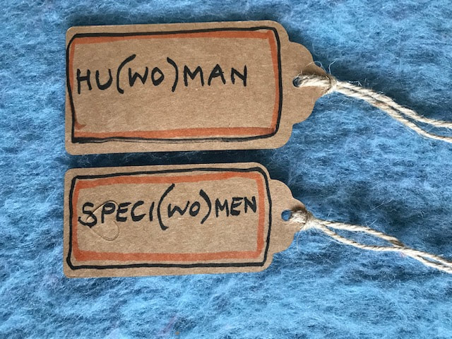 Two brown parcel labels on a blue wool background. They read, 'Hu(wo)man' and 'Speci(wo)man'. Steph Fuller