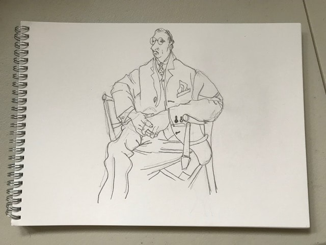 In the centre of the page of a white art pad is a line drawing of Igor Stravinsky by Steph Fuller, copying from the Picasso drawing upside down. The line drawing is of an older man with slicked down hair, wearing a large baggy three piece suit and tie with a pocket handkerchief sticking out of his top pocket. He is seated in a wooden framed chair and is sitting with legs crossed and his large hands are linked together in front of him as his arms rest on the chair. 