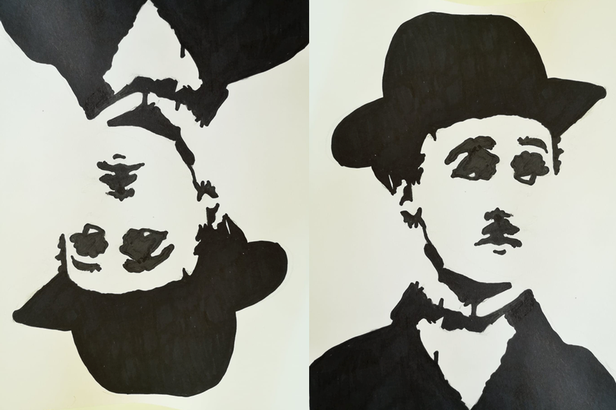 A bold black and white graphic style image of Charlie Chaplin, the silent movie star. Blocks of balck shapes create the subjects, eyes, nose, signature moustache, mouth, ear, hairline and clothes comprising his trademark bowler hat and a jacket and white shirt.  There are two identical images side by side but the first is upside down and the second is the correct way up.