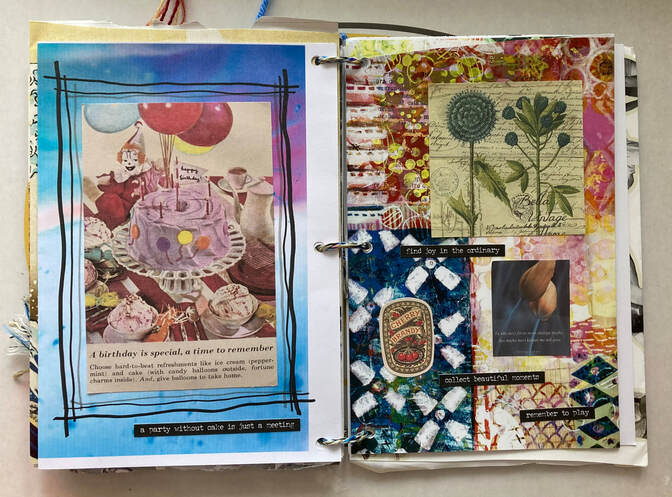 Lynne has made a beautiful art book from scratch. She has collated lots of lovely patterned pages, sometimes doubling them over to make them stronger and then threaded multi coloured thread through three holes down one side to keep them all together. Onto each page she has pasted new images, artworks she has created, mementos and souvenirs, and collage accessories. Two pages are shared here. First on the left, the background is mutli-shades of blue with a hint of purple. Framed with three pen lines is a vintage birthday scene including a clown, some balloons and a birthday tea, at the centre of which is a birthday cake. Text reads – ‘A birthday is special, a time to remember. Choose hard to beat refreshments like ice cream (peppermint) and cake (with candy balloons on the outside, fortune charms inside). And, give balloons to take home.  At the bottom of the page Lynne has selected a line of text to add which reads, ‘a party without cake is just a meeting’.  The next page is a riot of bold multi coloured patterns over which Lynne has places a series of images and text. At the top is an image of two plants – a close up of a spiky headed circular bloom and then a cluster of them on a stem with foliage. Bottom right is a vintage cherry brandy advertisement with a plate of cherries. Bottom right is an image of two elegant tulips leaning into each other. Lynne has selected lines of text – ‘find joy in the ordinary’, ‘collect beautiful moments’ and ‘remember to play’. 