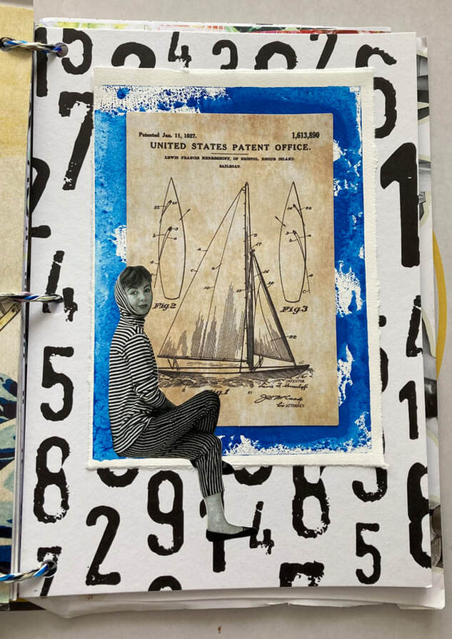 Lyne has created a collage using blue print as an element. The back ground is white with bold black numbers onto which the blue print has been placed. Over this Lynne has added an American Patent Office image of a yacht. The image of a woman wearing black and white striped outfit from head to toe including a close fitting hood. Her legs are crossed and hang down below the blue ink overlapping the numbered print. 