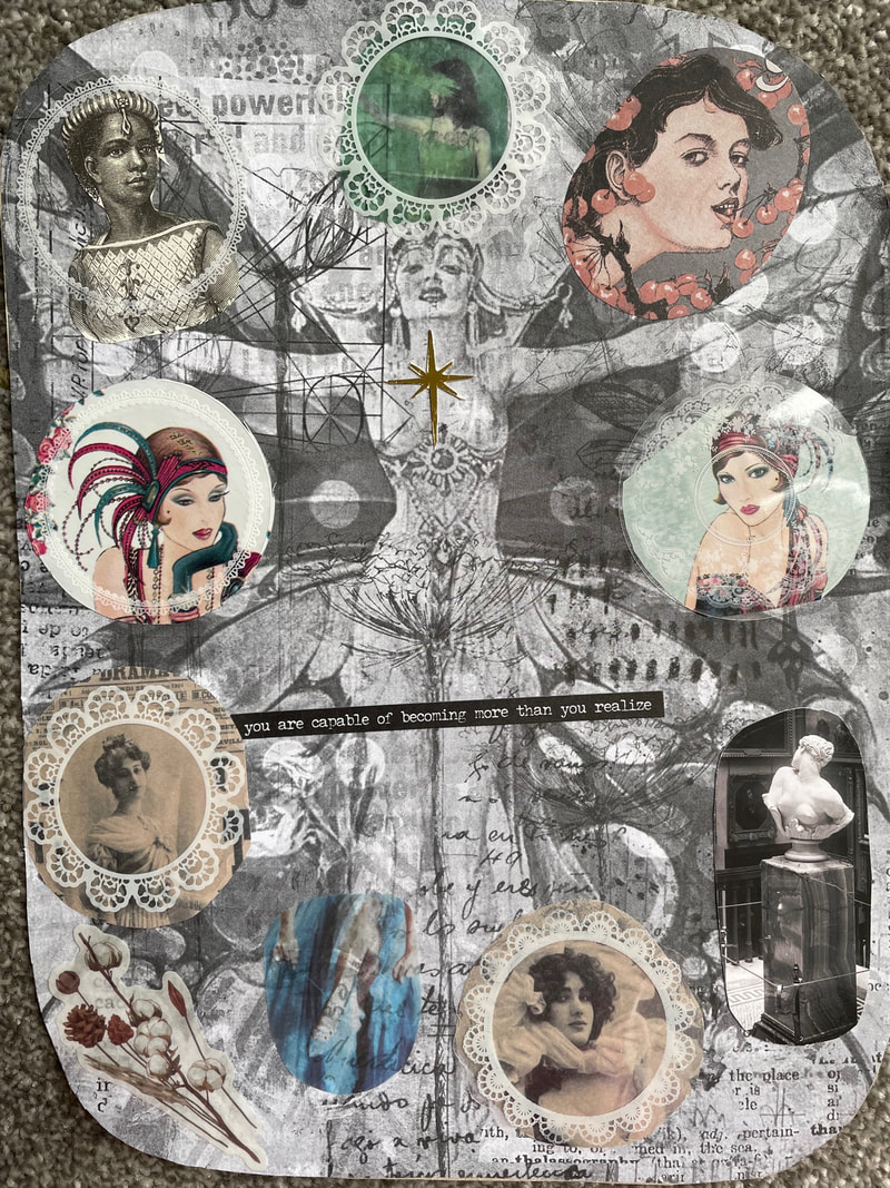 A multi-layered collage with a central image of a topless late 19th century or early 20th century showgirl wearing a jewelled bodice around her stomach. A dandelion clock has been positioned in line with the centre of her legs. Her arms are stretched out to the sides. Surrounding her are several portraits of women from different eras, presented decoratively in circles, many with lace effects around them.  These include two 1920s style drawings of white flapper girls with headbands towards the front of their hair and large stylised feathers. Top left is a young Black woman with an ornate headband and central jewel hanging down toward her forehead. She is wearing an ornate sleeveless top. Top right is a drawing of a young white woman eating cherries. Further down the collage we see a Roman bust of a woman, a portrait of a white Edwardian woman. There is an image of a Victorian romantic woman with dark curled hair surrounded by chiffon. The background is black and white and there is lots of text, either handwritten that we can't quite make out, snippets of newspaper print, words from books and in the centre, clear to read is the line 'you are capable of becoming more than you realise'.