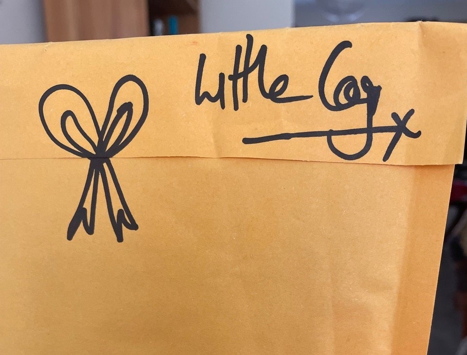 A brown jiffy bag sent in the post with a hand drawn bow and the words little cog x Parcel made by Vici Wreford-Sinnott. Received and photographed by  Samantha Blackburn. 