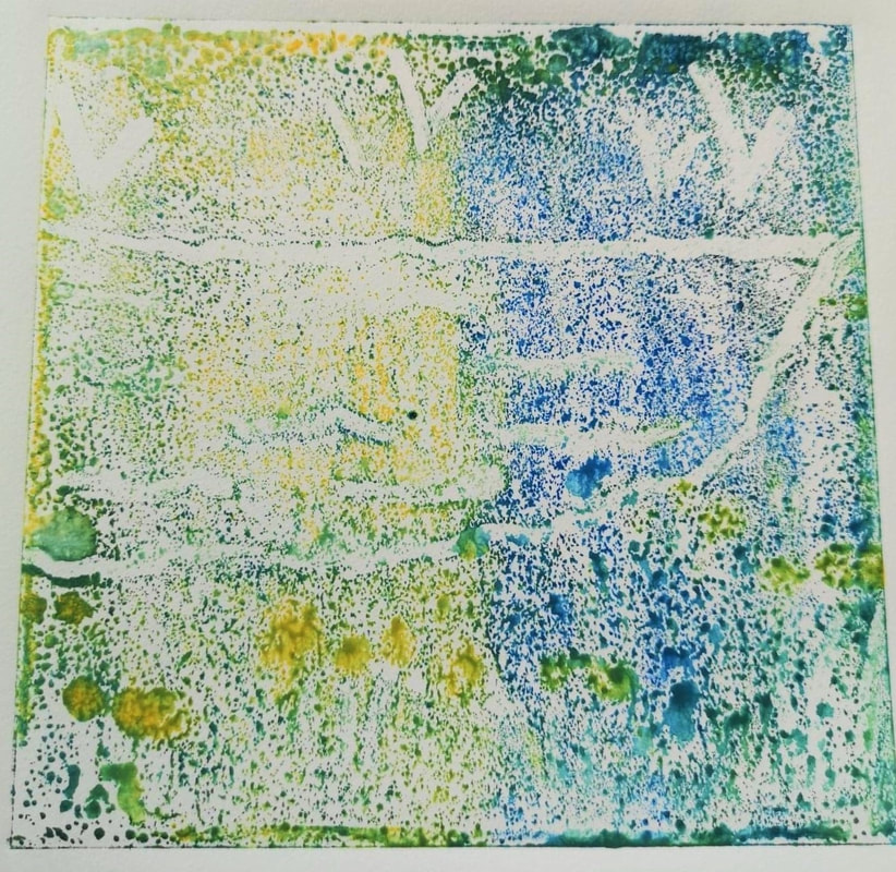 Blue, green and yellow ink with mark making to create the image of a pond or sea with flowers in the foreground and seagulls in the sky. Tiny dots form much of the image. 